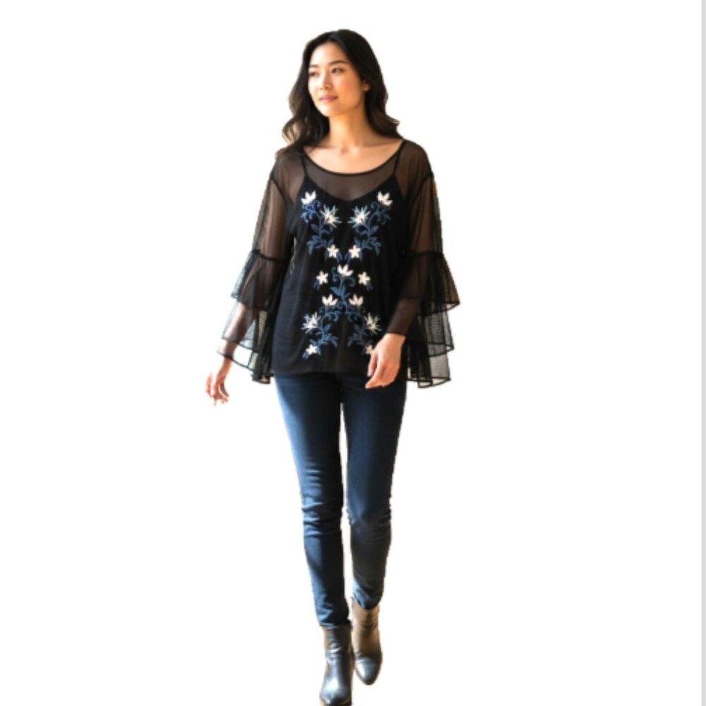 Thalia Sodi Sheer Embroidered Sequin Top w/ Attached Camisole Black Womens M NWT - Picture 6 of 14